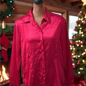 Christie & Jill Elegant Satin Button Down Shirt in Vibrant Red